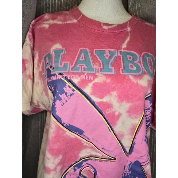 Vintage Unisex Playboy Pink White Tie-Dye Short Sleeve Tee L - Picture 4 of 7